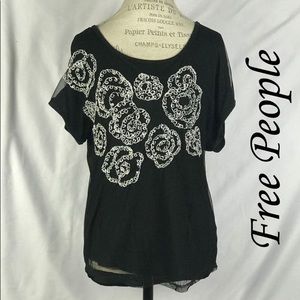 Free People Black Front Floral Embellished Blouse